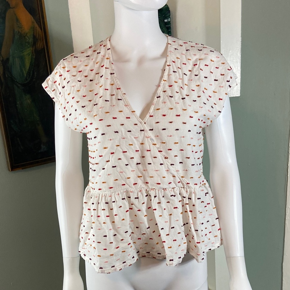Madewell White Crossover Top Blouse Peplum clip dot cotton Medium M Ruffle Hem - Picture 2 of 12